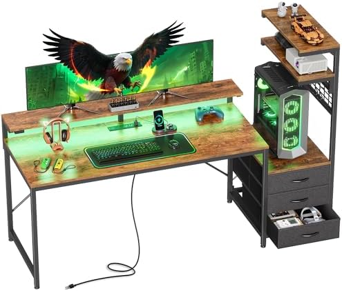 PRAISUN 68 Gaming Desk with LED Lights & Outlets  Computer Desk with 3 Fabric Drawers  PC Desk with PC Case Stand & Movable Storage Shelves  Monitor Stand  Reversible  Carbon Fiber Black