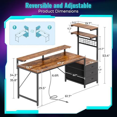 PRAISUN 68 Gaming Desk with LED Lights & Outlets  Computer Desk with 3 Fabric Drawers  PC Desk with PC Case Stand & Movable Storage Shelves  Monitor Stand  Reversible  Carbon Fiber Black
