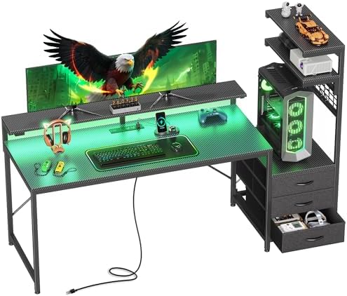 PRAISUN 68 Gaming Desk with LED Lights & Outlets  Computer Desk with 3 Fabric Drawers  PC Desk with PC Case Stand & Movable Storage Shelves  Monitor Stand  Reversible  Carbon Fiber Black