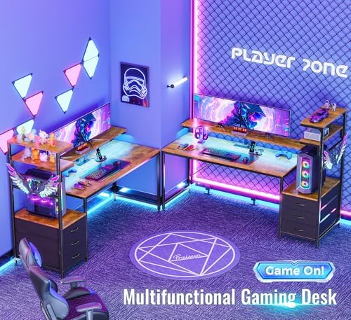 PRAISUN 68 Gaming Desk with LED Lights & Outlets  Computer Desk with 3 Fabric Drawers  PC Desk with PC Case Stand & Movable Storage Shelves  Monitor Stand  Reversible  Carbon Fiber Black