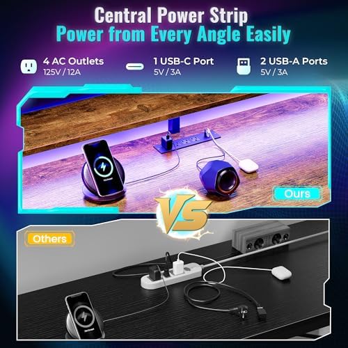 PRAISUN 68 Gaming Desk with LED Lights & Outlets  Computer Desk with 3 Fabric Drawers  PC Desk with PC Case Stand & Movable Storage Shelves  Monitor Stand  Reversible  Carbon Fiber Black