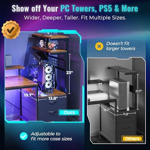 PRAISUN 68 Gaming Desk with LED Lights & Outlets  Computer Desk with 3 Fabric Drawers  PC Desk with PC Case Stand & Movable Storage Shelves  Monitor Stand  Reversible  Carbon Fiber Black