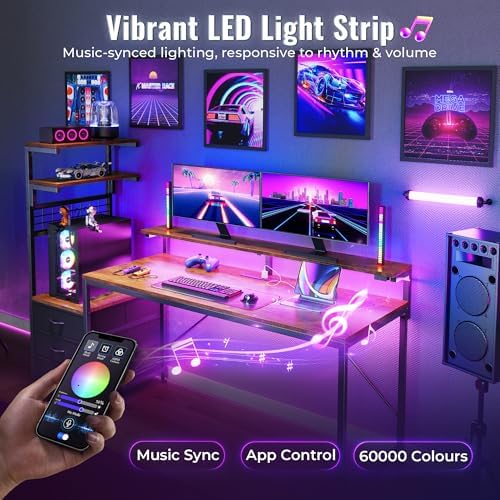 PRAISUN 68 Gaming Desk with LED Lights & Outlets  Computer Desk with 3 Fabric Drawers  PC Desk with PC Case Stand & Movable Storage Shelves  Monitor Stand  Reversible  Carbon Fiber Black