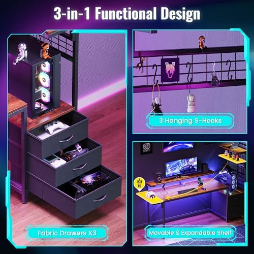 PRAISUN 68 Gaming Desk with LED Lights & Outlets  Computer Desk with 3 Fabric Drawers  PC Desk with PC Case Stand & Movable Storage Shelves  Monitor Stand  Reversible  Carbon Fiber Black