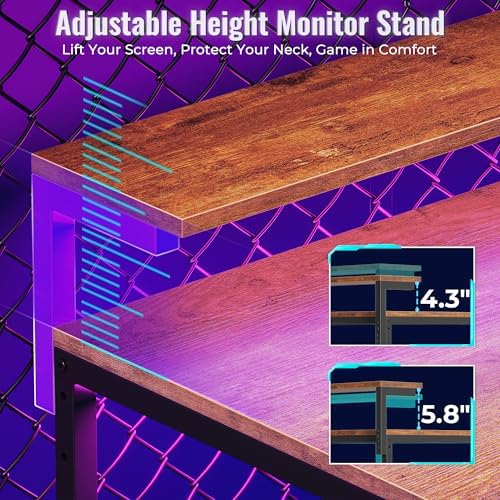 PRAISUN 68 Gaming Desk with LED Lights & Outlets  Computer Desk with 3 Fabric Drawers  PC Desk with PC Case Stand & Movable Storage Shelves  Monitor Stand  Reversible  Carbon Fiber Black