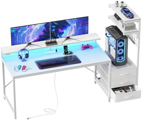 PRAISUN 68 Gaming Desk with LED Lights & Outlets  Computer Desk with 3 Fabric Drawers  PC Desk with PC Case Stand & Movable Storage Shelves  Monitor Stand  Reversible  Carbon Fiber Black