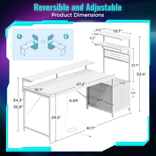 PRAISUN 68 Gaming Desk with LED Lights & Outlets  Computer Desk with 3 Fabric Drawers  PC Desk with PC Case Stand & Movable Storage Shelves  Monitor Stand  Reversible  Carbon Fiber Black