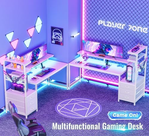 PRAISUN 68 Gaming Desk with LED Lights & Outlets  Computer Desk with 3 Fabric Drawers  PC Desk with PC Case Stand & Movable Storage Shelves  Monitor Stand  Reversible  Carbon Fiber Black