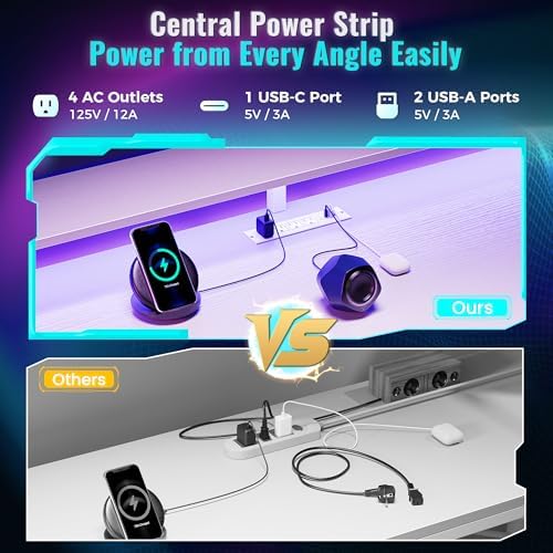 PRAISUN 68 Gaming Desk with LED Lights & Outlets  Computer Desk with 3 Fabric Drawers  PC Desk with PC Case Stand & Movable Storage Shelves  Monitor Stand  Reversible  Carbon Fiber Black