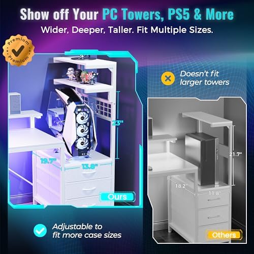 PRAISUN 68 Gaming Desk with LED Lights & Outlets  Computer Desk with 3 Fabric Drawers  PC Desk with PC Case Stand & Movable Storage Shelves  Monitor Stand  Reversible  Carbon Fiber Black