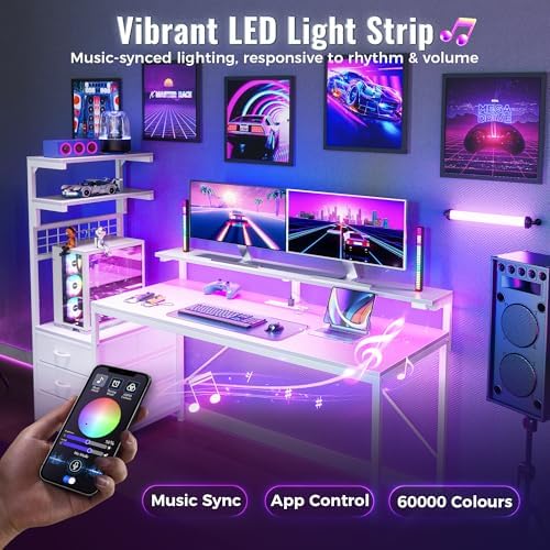 PRAISUN 68 Gaming Desk with LED Lights & Outlets  Computer Desk with 3 Fabric Drawers  PC Desk with PC Case Stand & Movable Storage Shelves  Monitor Stand  Reversible  Carbon Fiber Black