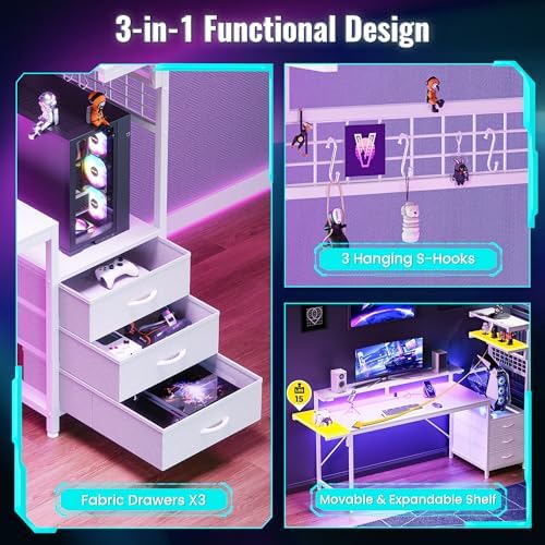 PRAISUN 68 Gaming Desk with LED Lights & Outlets  Computer Desk with 3 Fabric Drawers  PC Desk with PC Case Stand & Movable Storage Shelves  Monitor Stand  Reversible  Carbon Fiber Black