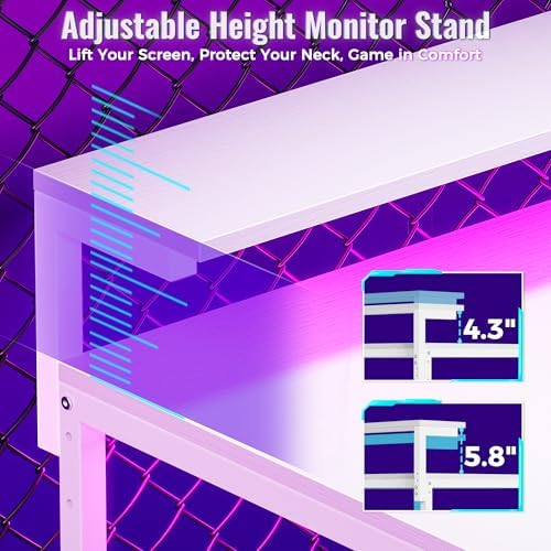 PRAISUN 68 Gaming Desk with LED Lights & Outlets  Computer Desk with 3 Fabric Drawers  PC Desk with PC Case Stand & Movable Storage Shelves  Monitor Stand  Reversible  Carbon Fiber Black