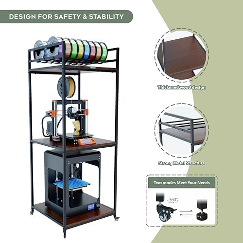 PT2 Ultimate Large 3D Printer Storage Solution  Heavy Duty 3 Tier Stand & Filament Organizer Rack for Biggest Printers on Wheels