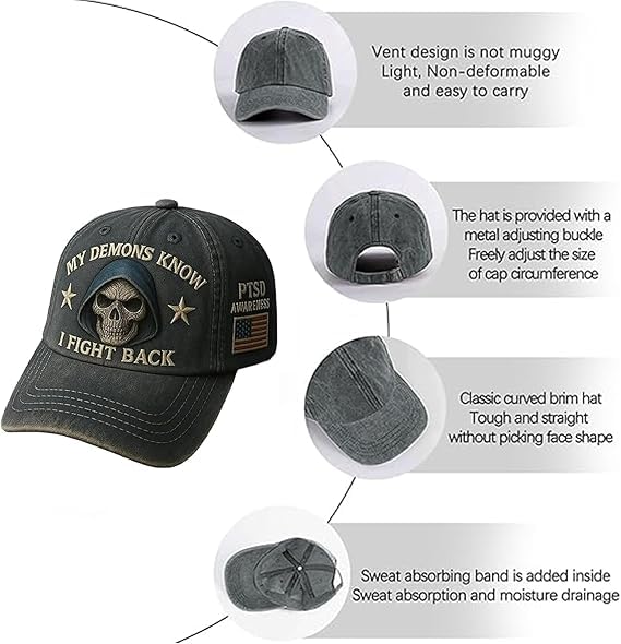 Gorra de concienciación sobre el TEPT. Mis demonios saben que contraataco. Gorra de béisbol con apoyo mental para el TEPT. Gorras vintage ajustables.