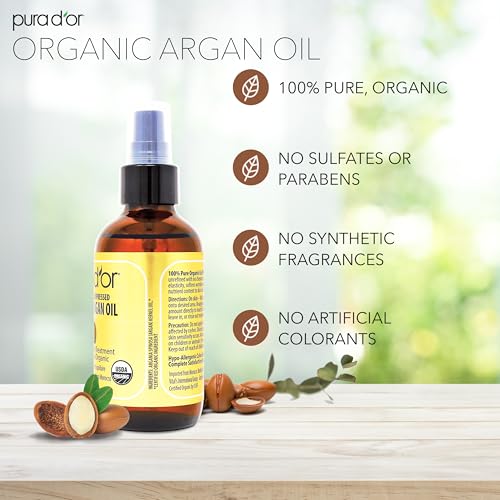 PURA DOR 4 Oz ORGANIC Moroccan Argan Oil   USDA Certified 100  Pure & Cold Pressed Virgin Premium Grade Natural Moisturizer Treatment For Dry  Damaged Skin  Hair  Face  Body & Scalp   Men & Women
