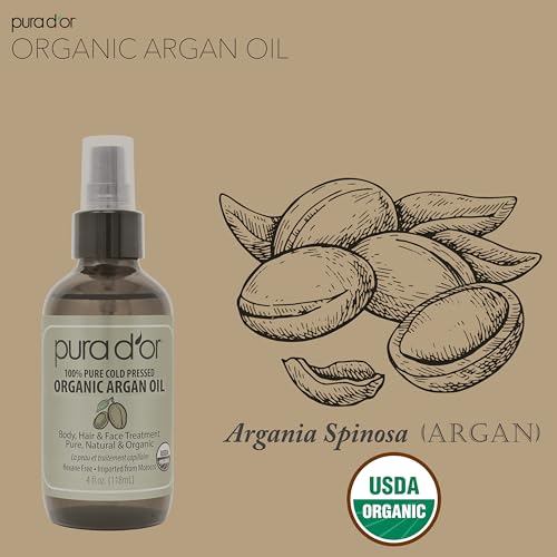 PURA DOR 4 Oz ORGANIC Moroccan Argan Oil   USDA Certified 100  Pure & Cold Pressed Virgin Premium Grade Natural Moisturizer Treatment For Dry  Damaged Skin  Hair  Face  Body & Scalp   Men & Women