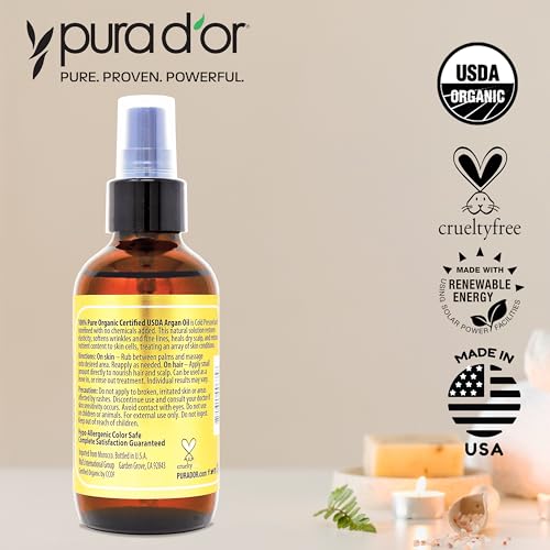 PURA DOR 4 Oz ORGANIC Moroccan Argan Oil   USDA Certified 100  Pure & Cold Pressed Virgin Premium Grade Natural Moisturizer Treatment For Dry  Damaged Skin  Hair  Face  Body & Scalp   Men & Women
