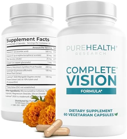 PUREHEALTH RESEARCH Complete Vision Formula   Eye Vitamins & Mineral Supplement   Lutein and Zeaxanthin Supplements for Men & Women   with Eyebright Herb  Zinc  Copper  Bilberry & More   60 Capsules