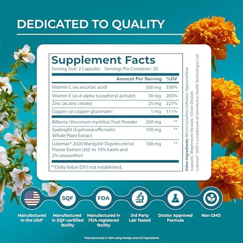 PUREHEALTH RESEARCH Complete Vision Formula   Eye Vitamins & Mineral Supplement   Lutein and Zeaxanthin Supplements for Men & Women   with Eyebright Herb  Zinc  Copper  Bilberry & More   60 Capsules