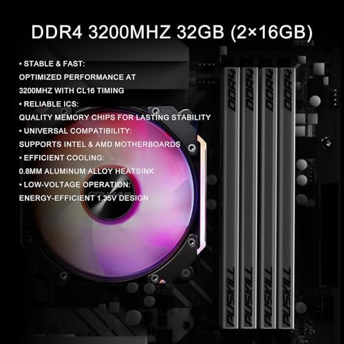 PUSKILL 32GB Kit  2x16GB  DDR4 RAM 3200MHz PC4 25600 Desktop Memory with Aluminum Heatsink  Non ECC Unbuffered UDIMM 1 35V CL16 288 Pin  High Performance Gaming PC Upgrade for Intel & AMD