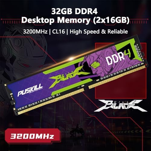 PUSKILL DDR4 32GB  2x16GB  3200MHz PC RAM   CL16 18 18 42   1 35V   Desktop Memory Kit for Gaming and High Performance Computing   Compatible with Intel & AMD
