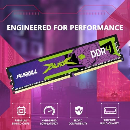 PUSKILL DDR4 32GB  2x16GB  3200MHz PC RAM   CL16 18 18 42   1 35V   Desktop Memory Kit for Gaming and High Performance Computing   Compatible with Intel & AMD