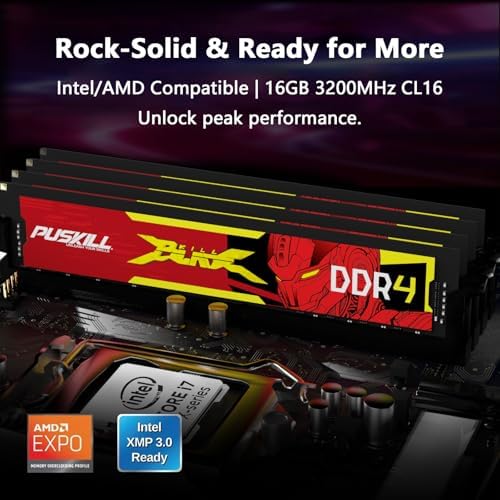 PUSKILL DDR4 RAM 16GB Kit  2x8GB  3200MHz PC4 25600 CL16 Desktop Memory   1 35V UDIMM Low Latency  Intel XMP 2 0 Ready for Gaming PC  Compatible with Intel & AMD