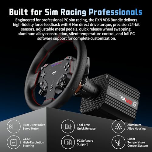 PXN Direct Drive Racing Wheel  VD6 Bundle   6Nm Force Feedback  Servo Motor Base  11 inch Gaming Steering Wheel  Hall Effect 2 Pedal  Desk Clamp   PC Sim Racing Bundle for Windows 7 11