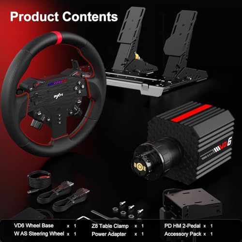 PXN VD6 Bundle  PC Steering Wheel and Pedals   6 Nm Direct Drive Servo Motor Base  W AS Racing Wheel  Hall Effect 2 Pedal Set  and Table Clamp   Professional Sim Racing Setup for Windows PC  7 11 