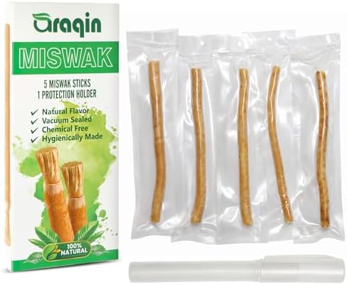 Pack of 5 Miswak Sticks for Teeth with 1 Holder   Natural Toothbrush Stick for Teeth Whitening & Healthy Gums   Vacuum Sealed Sewak Sticks for Teeth   Peelu Wood Miswak Toothbrush