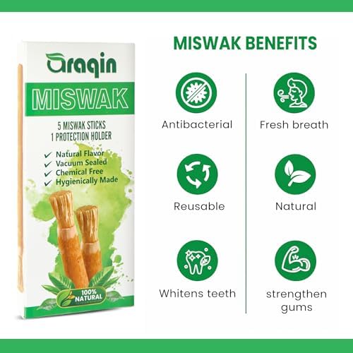 Pack of 5 Miswak Sticks for Teeth with 1 Holder   Natural Toothbrush Stick for Teeth Whitening & Healthy Gums   Vacuum Sealed Sewak Sticks for Teeth   Peelu Wood Miswak Toothbrush