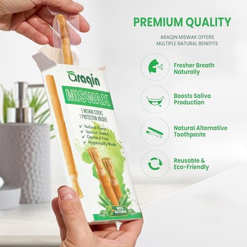 Pack of 5 Miswak Sticks for Teeth with 1 Holder   Natural Toothbrush Stick for Teeth Whitening & Healthy Gums   Vacuum Sealed Sewak Sticks for Teeth   Peelu Wood Miswak Toothbrush