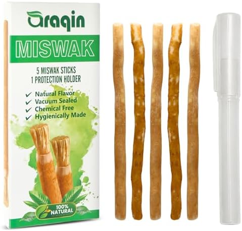 Pack of 5 Miswak Sticks for Teeth with 1 Holder   Natural Toothbrush Stick for Teeth Whitening & Healthy Gums   Vacuum Sealed Sewak Sticks for Teeth   Peelu Wood Miswak Toothbrush
