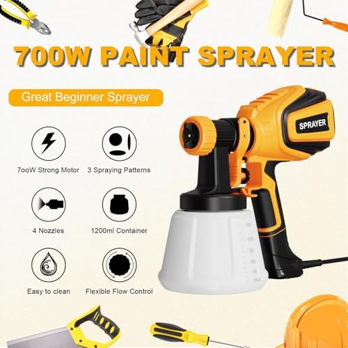 Paint Sprayer  700W HVLP Spray Gun with Cleaning & Blowing Joints  4 Nozzles and 3 Patterns  Easy to Clean  for Furniture  Cabinets  Fence  Walls  Door  Garden Chairs etc  VF803