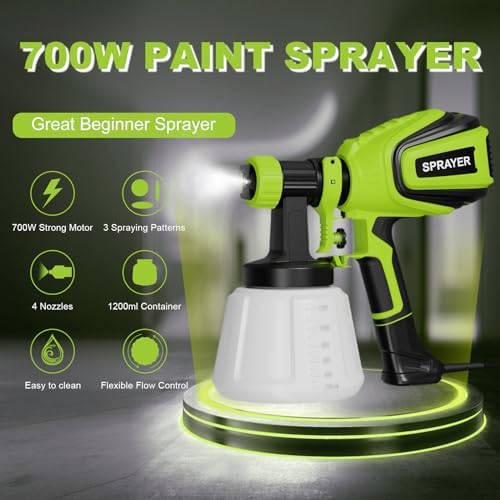 Paint Sprayer  700W HVLP Spray Gun with Cleaning & Blowing Joints  4 Nozzles and 3 Patterns  Easy to Clean  for Furniture  Cabinets  Fence  Walls  Door  Garden Chairs etc  VF803