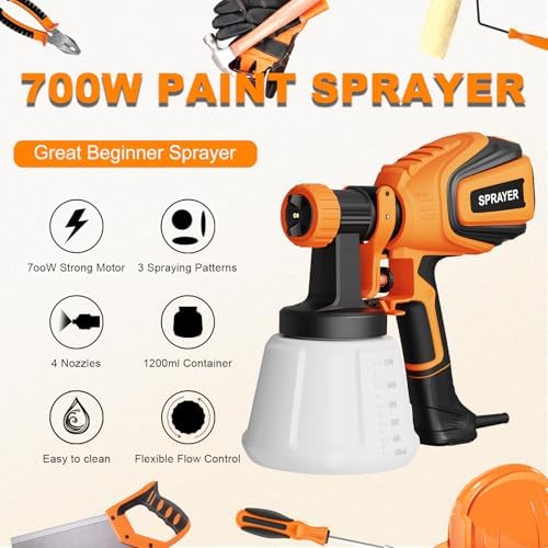 Paint Sprayer  700W HVLP Spray Gun with Cleaning & Blowing Joints  4 Nozzles and 3 Patterns  Easy to Clean  for Furniture  Cabinets  Fence  Walls  Door  Garden Chairs etc  VF803