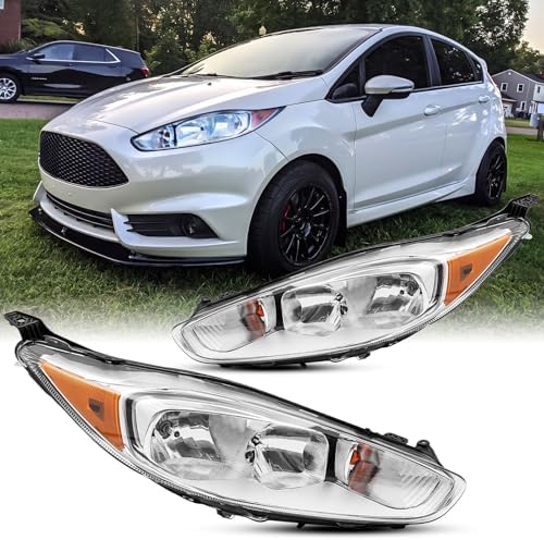 Pair Headlights Assembly With Bulbs For 2014 2019 Ford Fiesta S SE ST Sedan Hatchback Halogen Headlights Replacement Headlamps Chrome Housing Amber Reflector