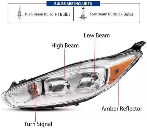 Pair Headlights Assembly With Bulbs For 2014 2019 Ford Fiesta S SE ST Sedan Hatchback Halogen Headlights Replacement Headlamps Chrome Housing Amber Reflector