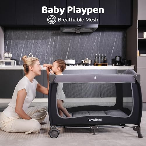 Pamo Babe Baby Playard with Canopy  Portable Crib with Changing Table