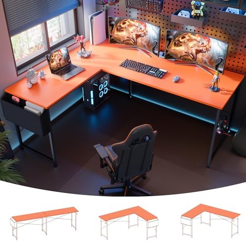 Pamray 64 5 Inch Reversible L Shaped Gaming Desk Large Corner Computer Desk with Storage Bag Home Office Table for Writing Study Orange