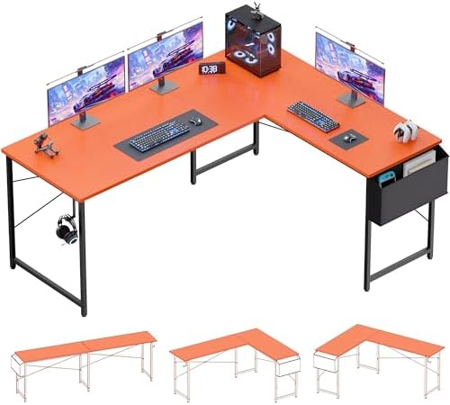 Pamray 64 5 Inch Reversible L Shaped Gaming Desk Large Corner Computer Desk with Storage Bag Home Office Table for Writing Study Orange