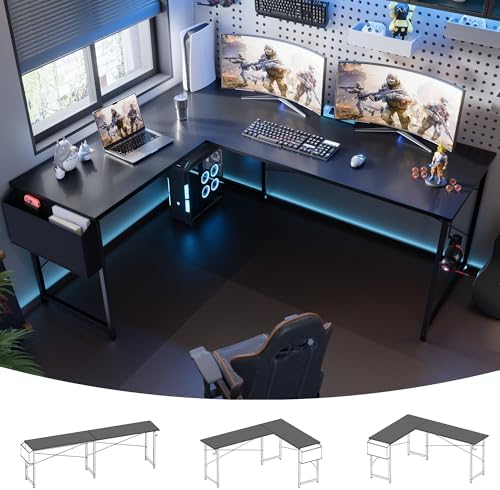 Pamray 64 5 Inch Reversible L Shaped Gaming Desk Large Corner Computer Desk with Storage Bag Home Office Table for Writing Study Orange