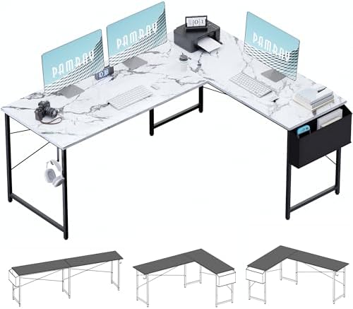 Pamray 64 5 Inch Reversible L Shaped Gaming Desk Large Corner Computer Desk with Storage Bag Home Office Table for Writing Study Orange