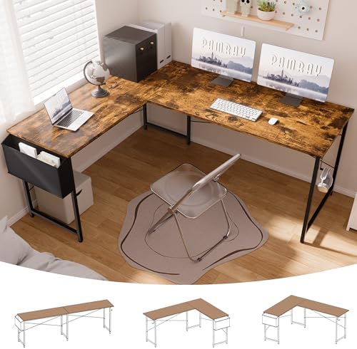 Pamray 64 5 Inch Reversible L Shaped Gaming Desk Large Corner Computer Desk with Storage Bag Home Office Table for Writing Study Orange