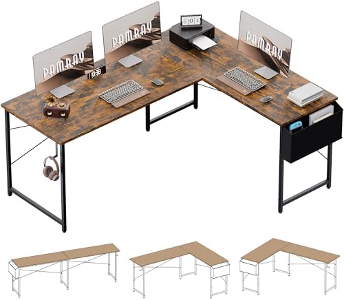 Pamray 64 5 Inch Reversible L Shaped Gaming Desk Large Corner Computer Desk with Storage Bag Home Office Table for Writing Study Orange