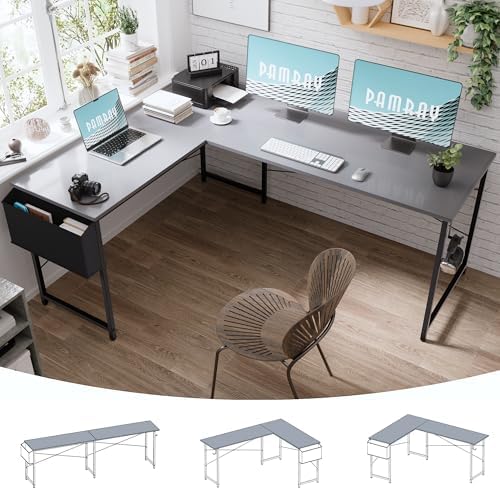 Pamray 64 5 Inch Reversible L Shaped Gaming Desk Large Corner Computer Desk with Storage Bag Home Office Table for Writing Study Orange