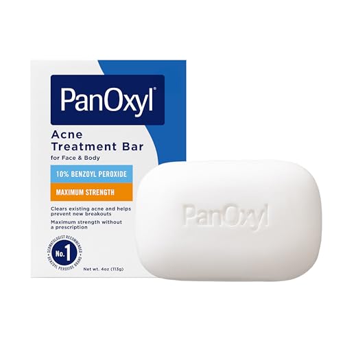 PanOxyl Acne Treatment Bar with 10  Benzoyl Peroxide  Maximum Strength Bar Soap for Face  Chest and Back  Benzoyl Peroxide Soap Body Wash  Vegan  For Acne Prone Skin  4 oz