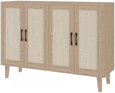 Panana Buffet Storage Cabinet with Rattan Decorating 4 Doors Living Room Kitchen Sideboard 48 43 x 34 65 x 15 inch  Natural Wood 