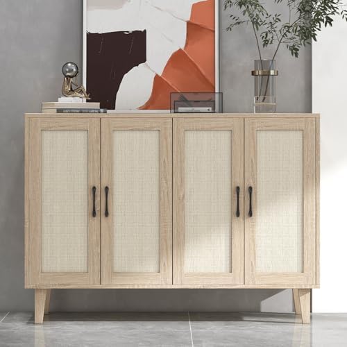 Panana Buffet Storage Cabinet with Rattan Decorating 4 Doors Living Room Kitchen Sideboard 48 43 x 34 65 x 15 inch  Natural Wood 